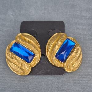 Trifani TM  Faux Sapphire Gold Tone Vintage 1980's Leaf Clip Earrings